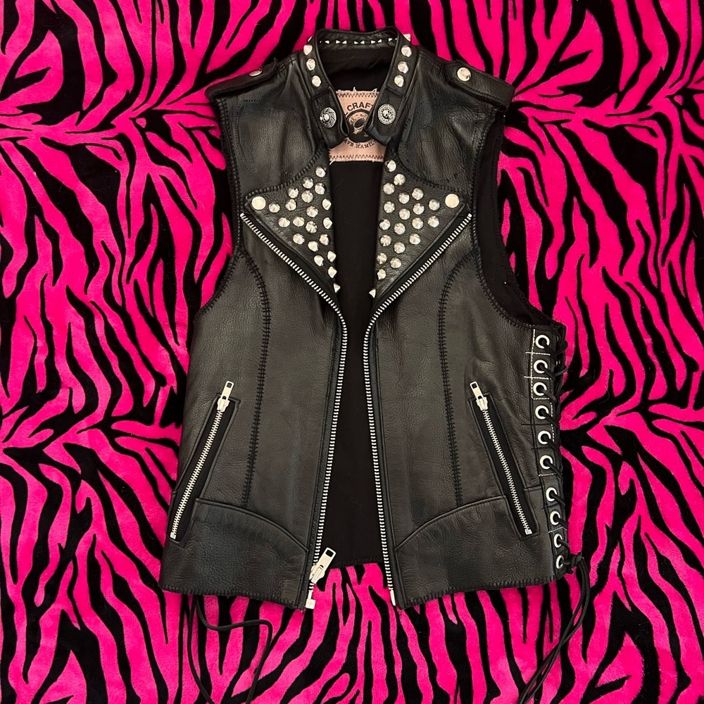 Studded custom Black Leather rocked gothic punk grunge Vest